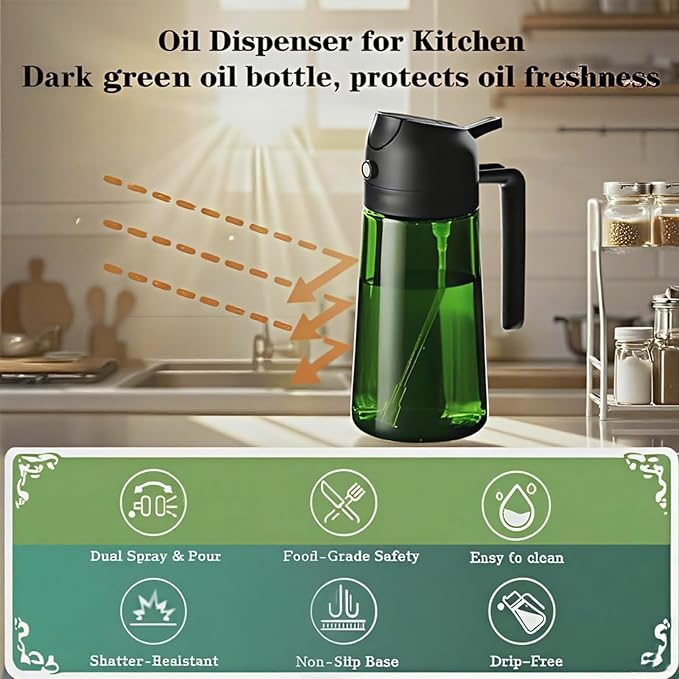 16oz/470ml Glass Olive Oil Sprayer for Cooking, 2 in 1 Oil Dispenser for Kitchen Spray and Pour, Premium Light-Blocking Oil Bottle, Food-Grade Spray Bottle, for Salad, Air Fryer, BBQ (Green)