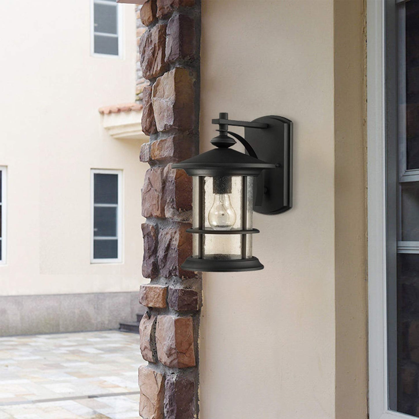 Micsiu Black Outdoor Wall Sconce 2 Pack, Waterproof Metal Fixtures With Clear Seedy Glass, 10 Height For Porch, Patio, Backyard