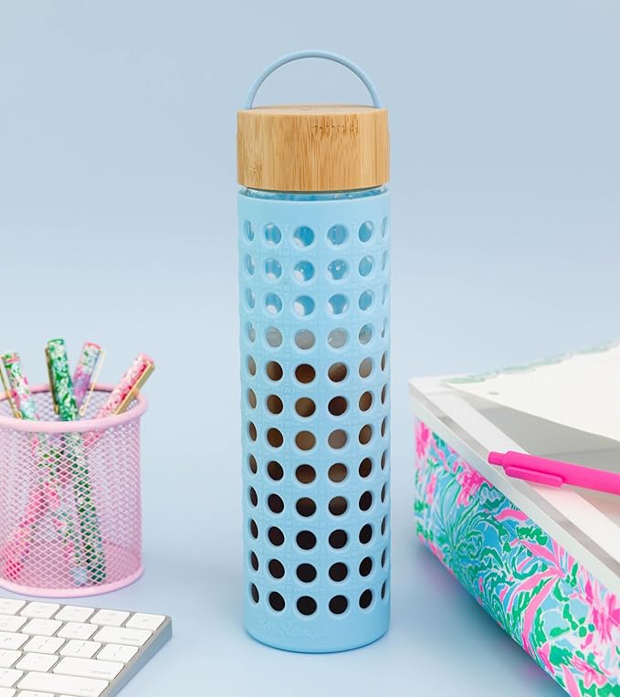 Lilly Pulitzer Glass Water Bottle with Silicone Sleeve, 20 oz Cute Water Bottle for Women, Glass Bottle with Lid and Non Slip Silicone Wrap, Blue Caning