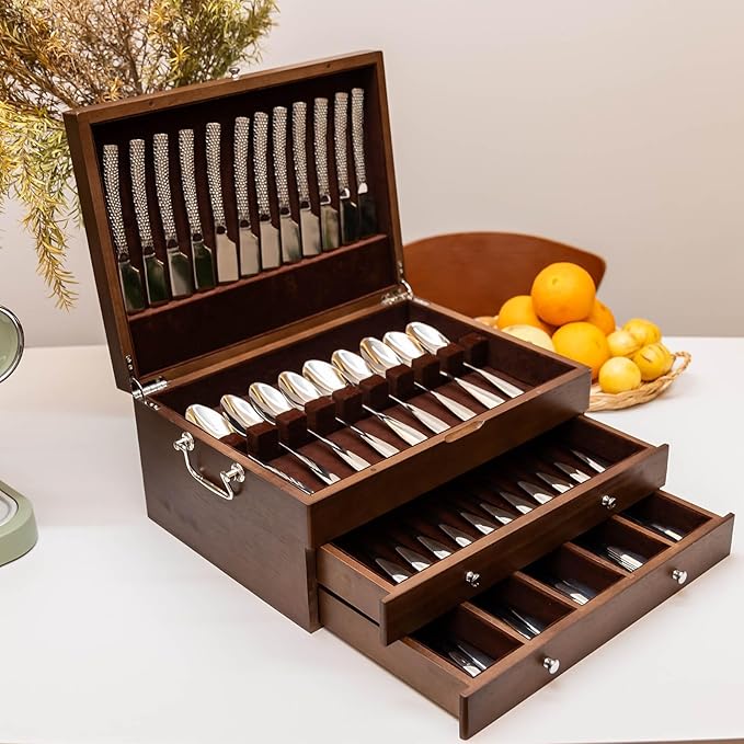 Silverware Storage Box with Lid Three-layer, Flatware Storage Case with Handle, Silverware Chest Boxes for Flatware Organizer for Silver