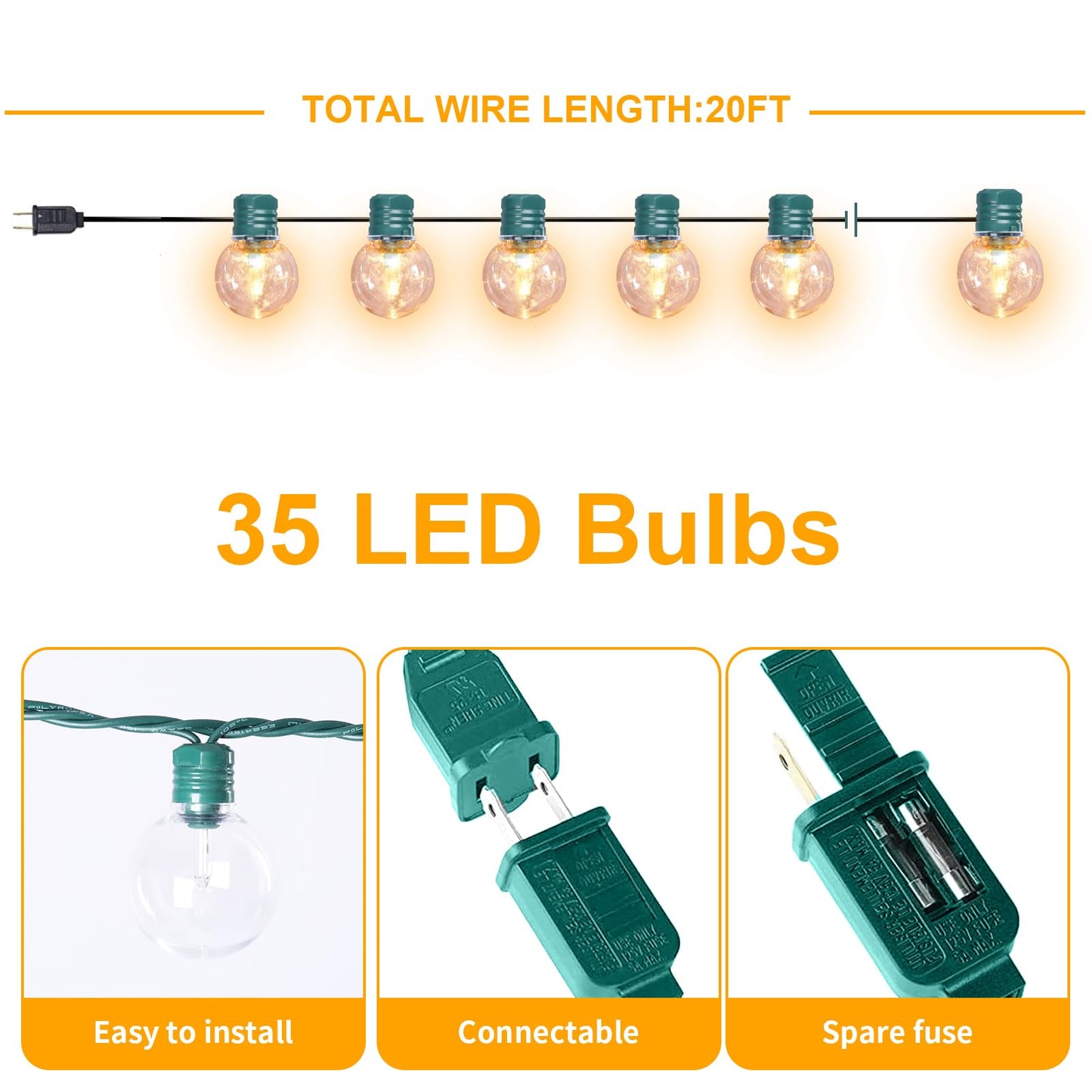 Afirst LED Outdoor String Lights, 21FT Waterproof Patio Lights, 35 Bulbs, Green, Model G40