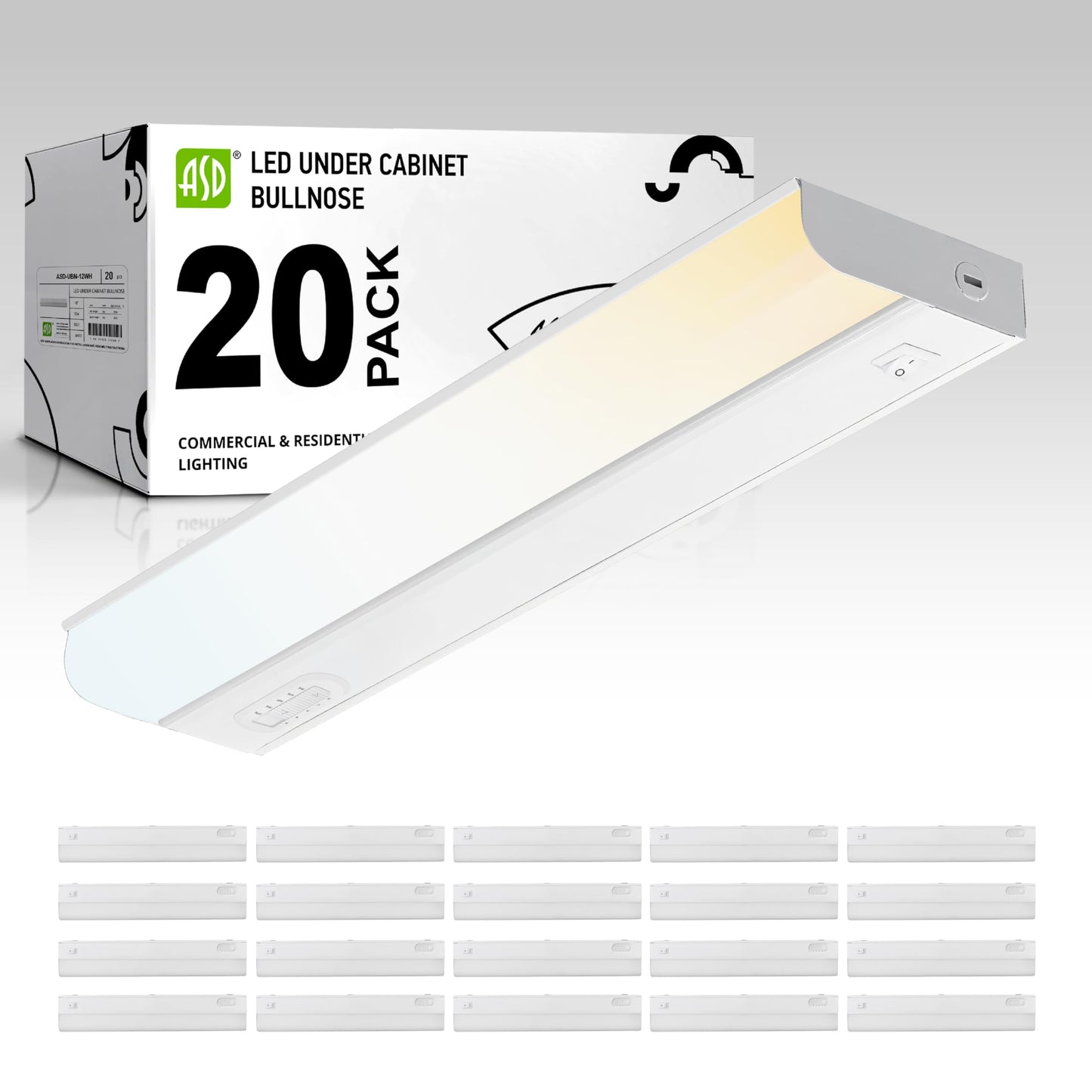ASD 20 Pack 18 Inch LED Under Cabinet Lighting Hardwired, On/Off & Color Temp Switch, 10W 807LM, 5CCT 2700K-5000K CRI90+, Dimmab