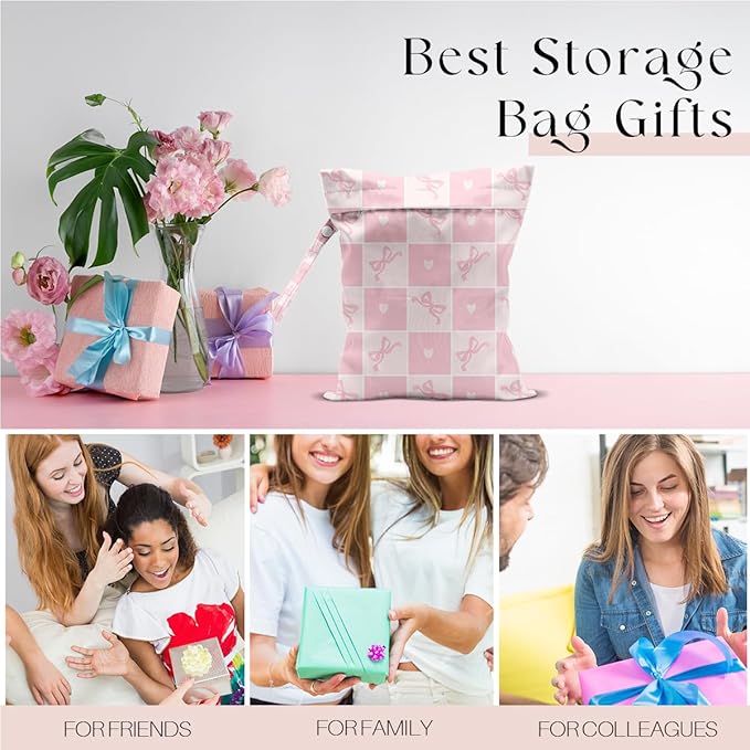 Wet Bag for Swimsuit, Beach Travel Essentials Wet Dry Bag, for Sunscreen Toiletry Dirty Clothes Yoga Gym Diaper, Friends Summer Beach Vacation Gifts. Pink plaid bow