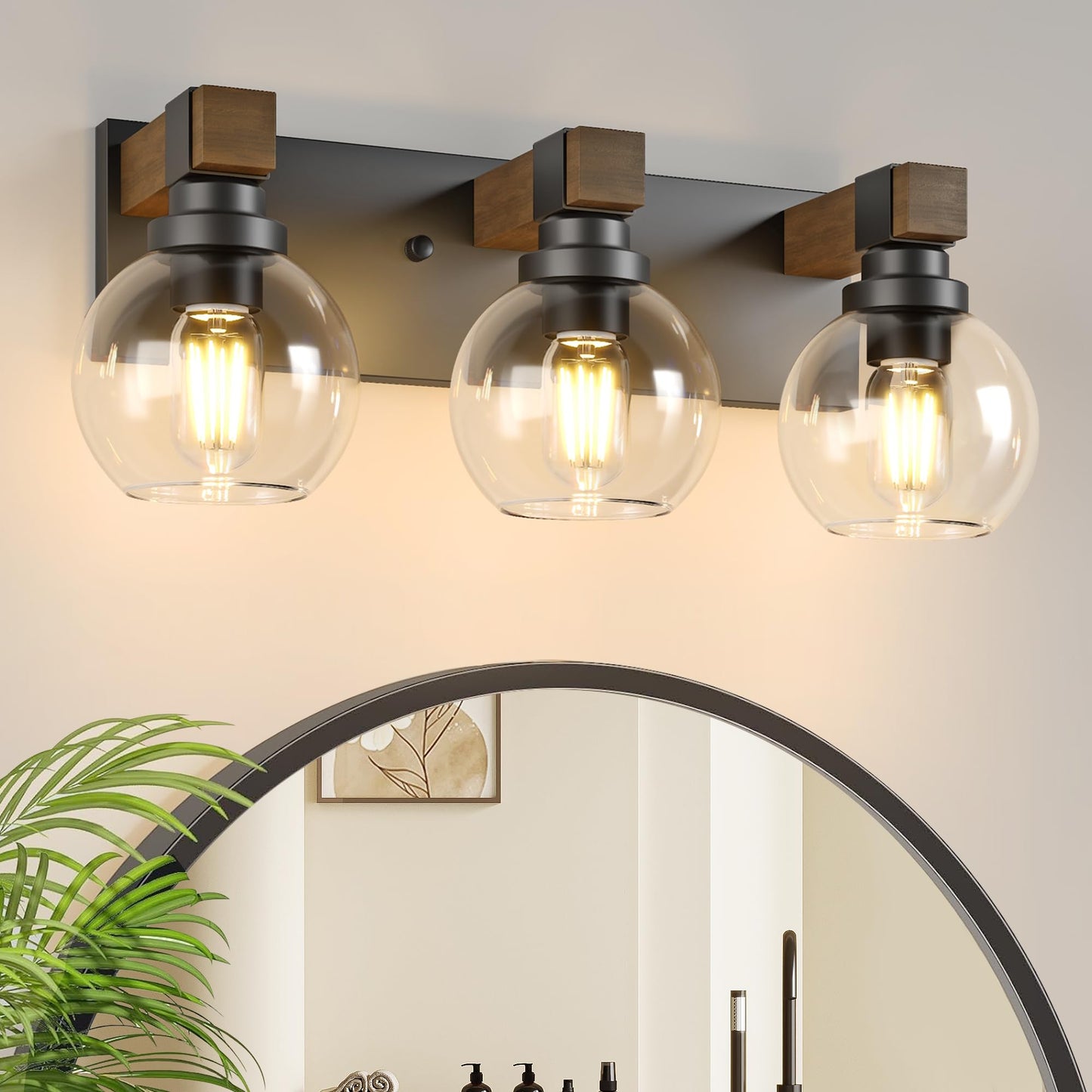 Farmhouse Bathroom Vanity Light Fixtures 3-Light Wood Bathroom Light Fixtures Over Mirror Rustic Sconces Wall Lighting With Glass Shade For Living Room Bedroom Hallway