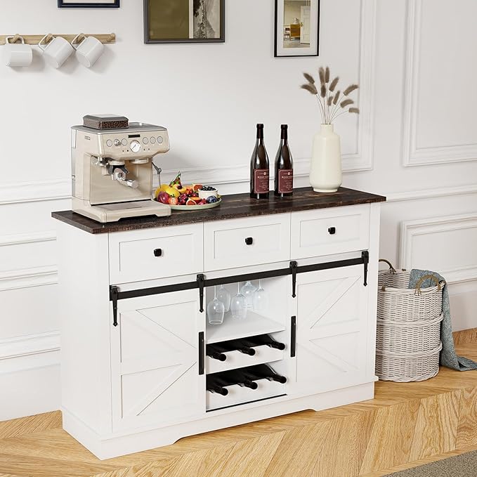 Kmax Farmhouse Wine Bar Cabinet w, 54” Buffet Cabinet with Storage, Rustic White Coffee Bar Cabinet with Sliding Barn Doors, Wine/Glass Rack & 3 Drawers for Living, Dining Room, Black Top