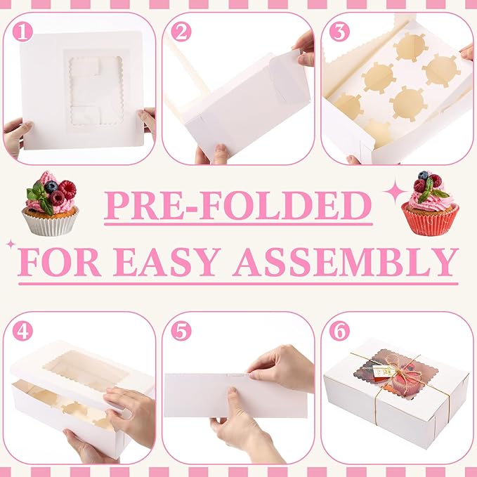 36 Pack Cupcake Boxes Hold 6 Count Christmas Disposable Cupcake Containers with Window and Cake Carrier with Thanks Card and Jute Rope to Muffins Cupcakes Cookies Gift Wrapping(White)