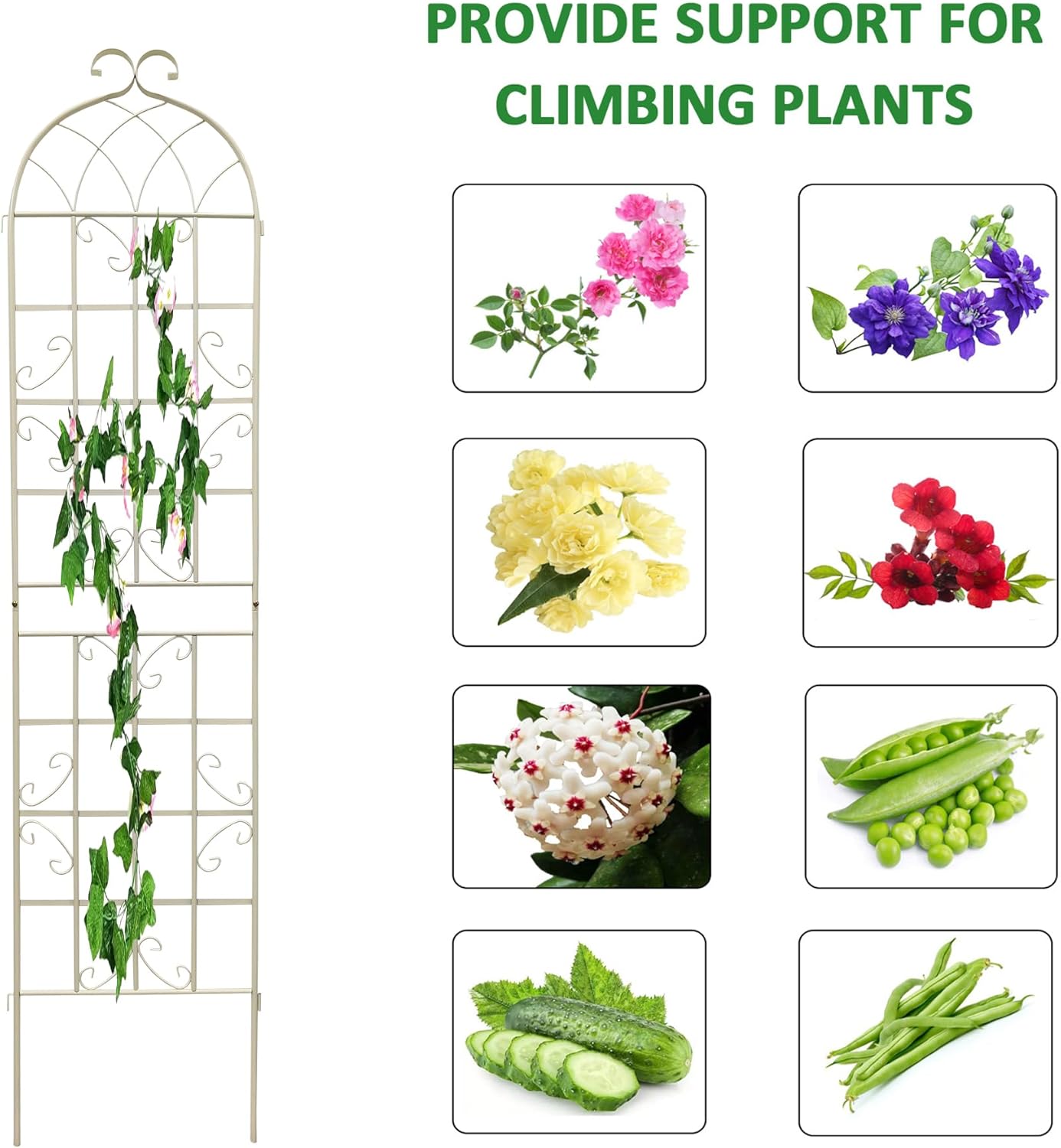 8 Pack Metal Garden Trellis for Climbing Plants, 86.7" Tall Rustproof Outdoor Trellis Panel with Vine Design, Decorative Black Iron Plant Support for Vine, Rose, Flower, Garden Wall, White