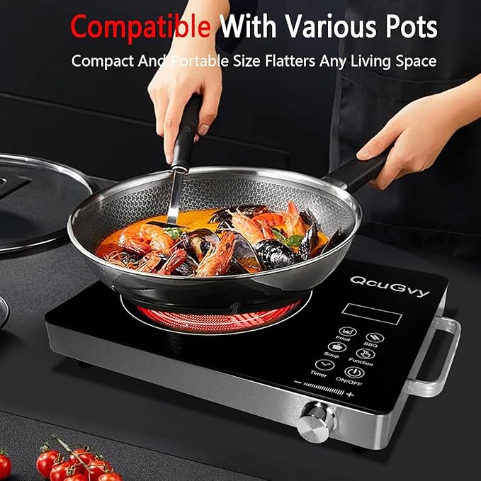 Portable Infrared Burner 3500 Electri Burner with 3 Hours Timer-Electric Hot Plate Touch Control Panel Adjustable Heating Power Glass Plate Electric Cooktop for Cooking (Black)