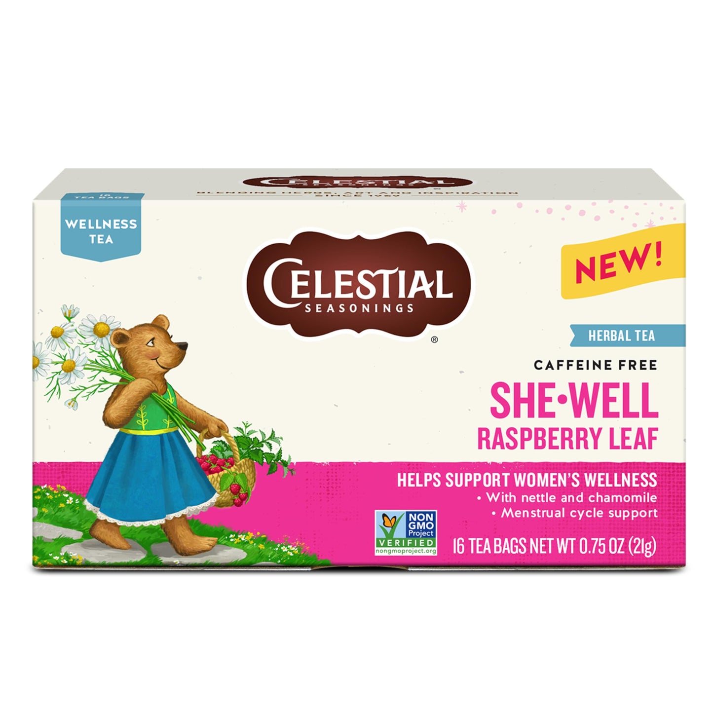 Celestial Seasonings SheWell Raspberry Leaf Wellness Tea Caffeine Free 16 Tea Bags Box