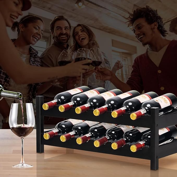 COSTWAY Wine Rack Countertop, 12 Bottles Bamboo Wine Holder, 2-Tier Freestanding Wine Storage Cabinet Shelf for Home, Kitchen, Bar, Pantry, Wine Cellar, Easy-Assembly, Brown (24.5L x 9.5W x 10H)