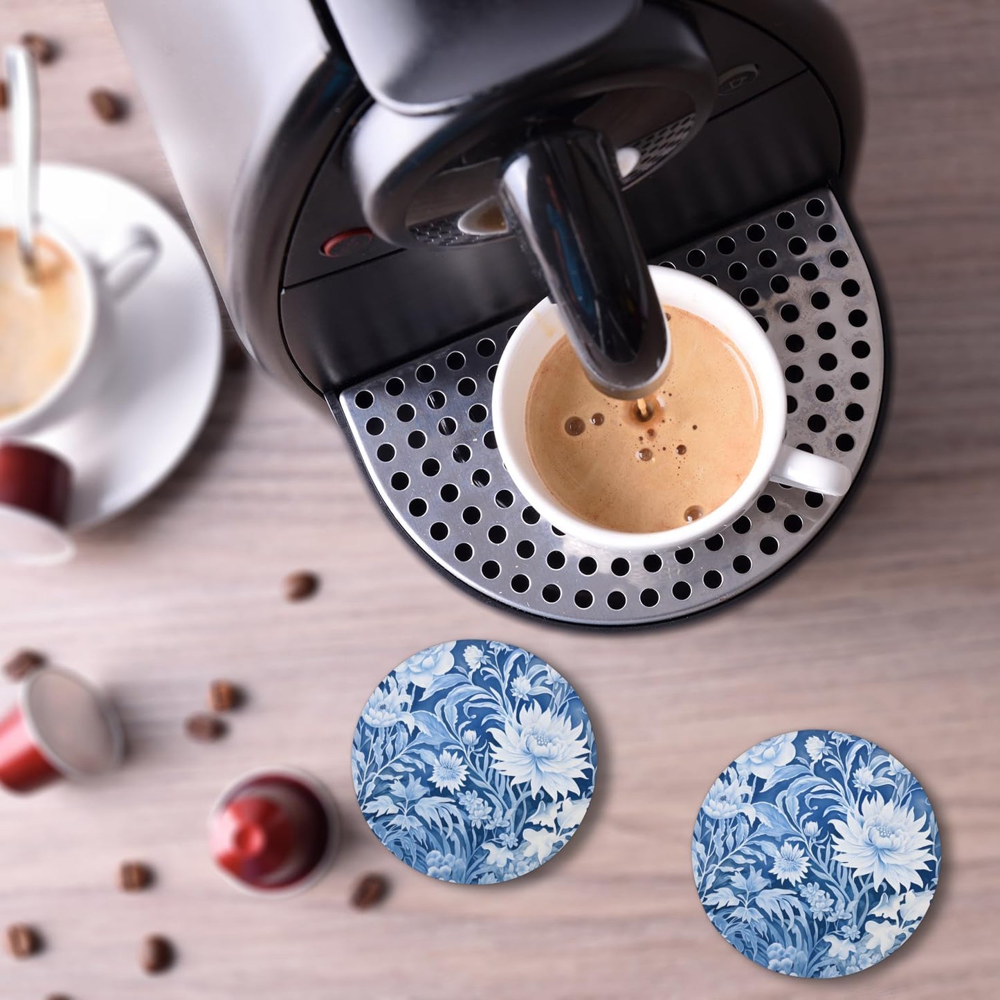 Ceramic Coasters for Drinks with Cork Back, Cyan White Floral 4 Inch Absorbent Coaster Set 1 Pack, Quick Dry Non-Slip Coaster Mats for Home, Office, Bar