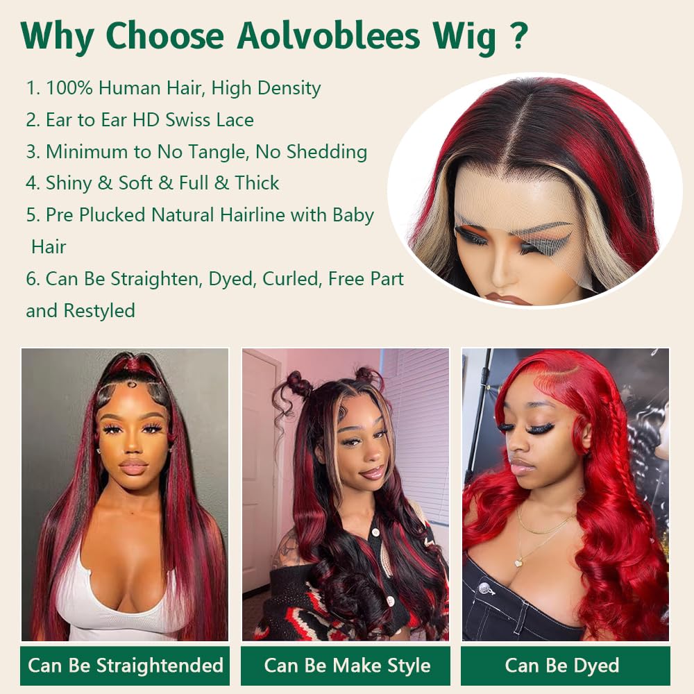 Aolvoblees Red Blonde Black Skunk Stripe Human Hair Wig 250% Density Highlights Burgundy Ombre 13X4 Body Wave HD Lace Front Fron