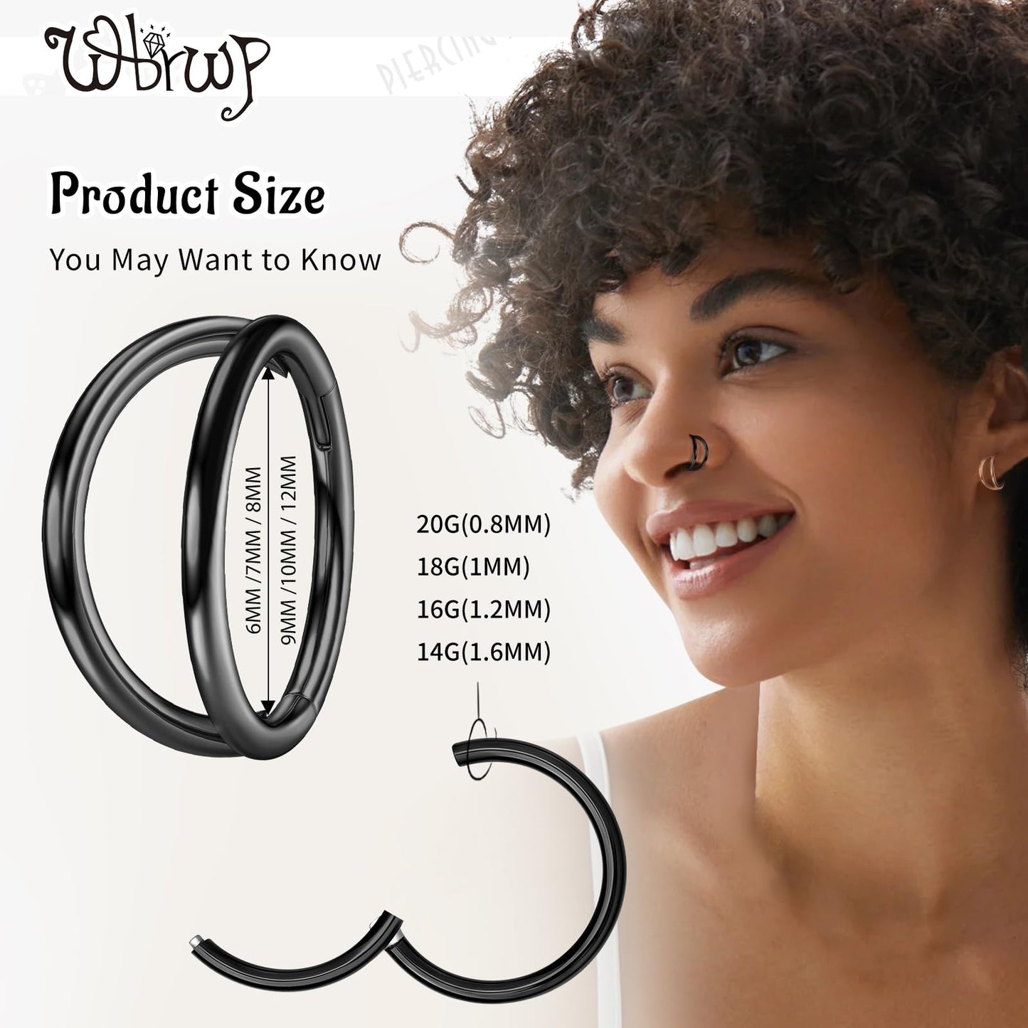 WBRWP Nose Ring Lip Rings Septum-Clicker : Double Ring Open Stacked Silver Ring 20G 8mm 316L Surgical Steel Sleeper Earring Heli