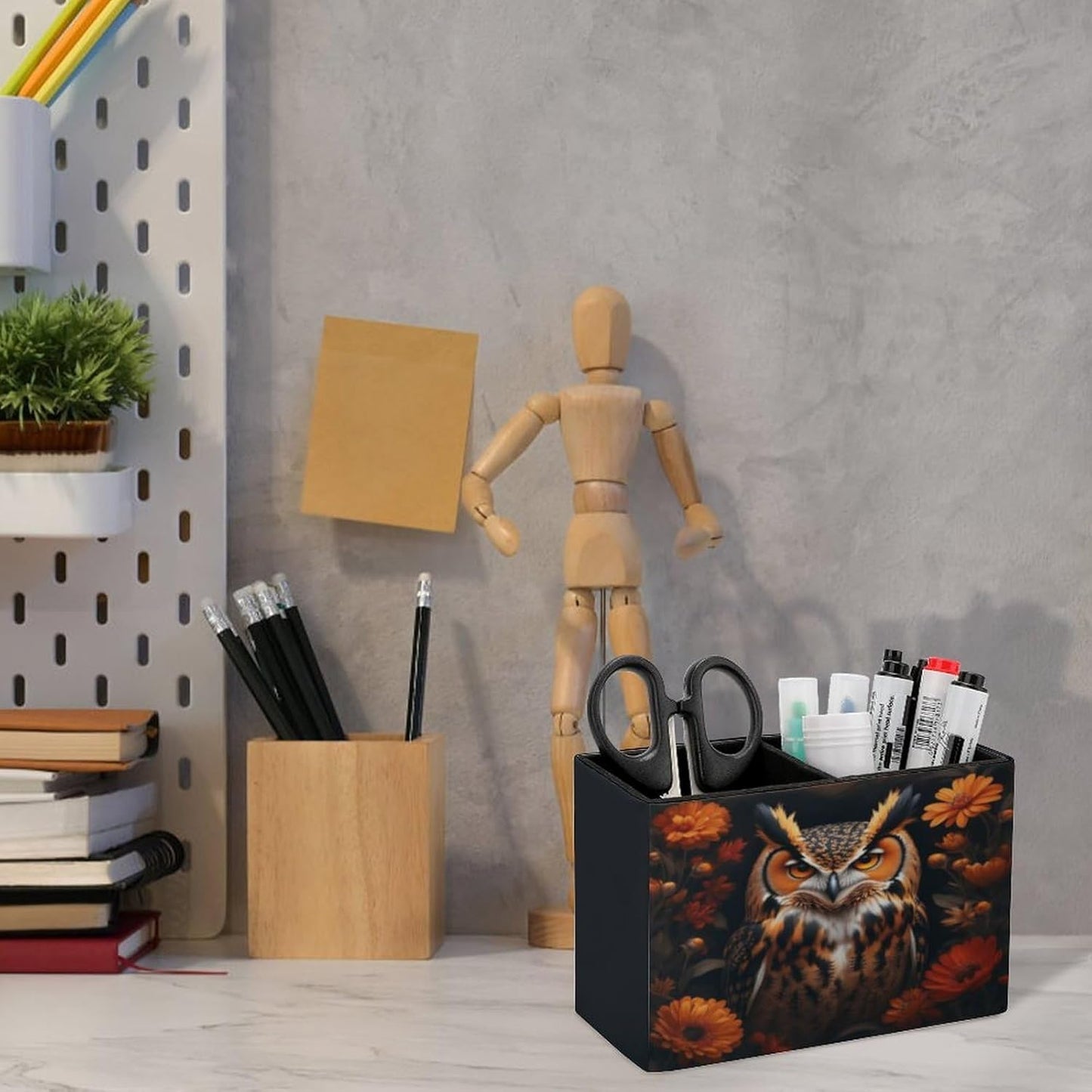 Owl Among Flowers Lether Pen Holder for Desk Makeup Brush Holder Office Organizer Desk Accessory for School Office