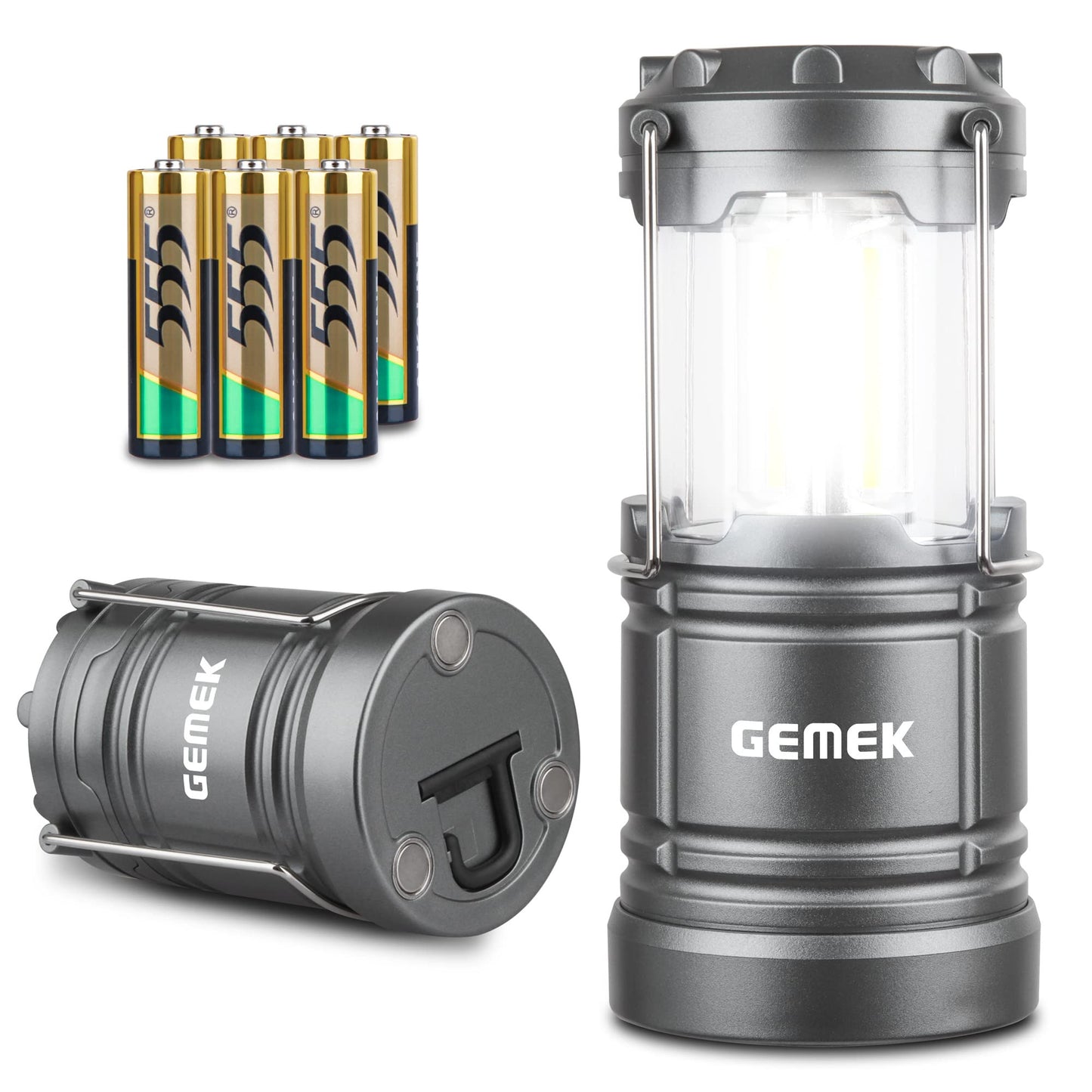 Gemek Led Camping Lantern - Portable Battery Powered, Magnetic Base, Collapsible Hook, Gray, Model Gd0131
