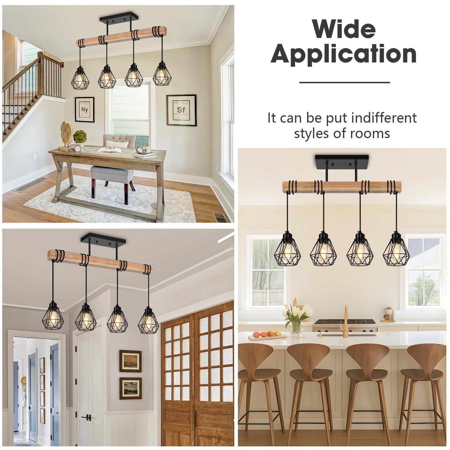 Feanron 4-Lights Farmhouse Wood Kitchen Island Lighting 23.6 Dining Room Light Fixtures Chandelier Over Table Rustic Black Cage Pendant Lights Ceiling Hanging For Pool Table Living Room Hallway