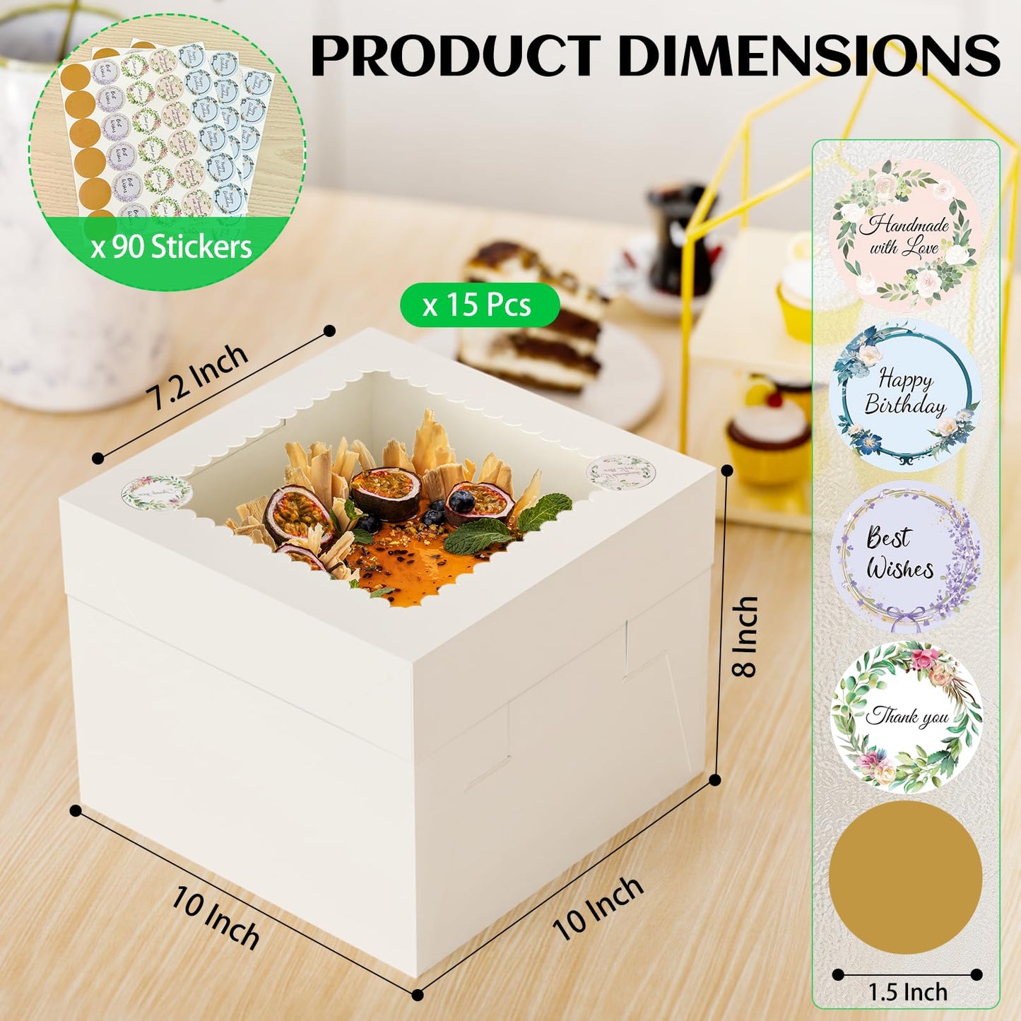 TLAZZ 15 Pcs 10x10x8 Inch Tall Cake Boxes with Window, White Square Cheesecake Bakery Boxes, Large Cardboard Cake Baking Boxes with 90 Stickers for Cakes, Pies, Wedding, Birthday Party