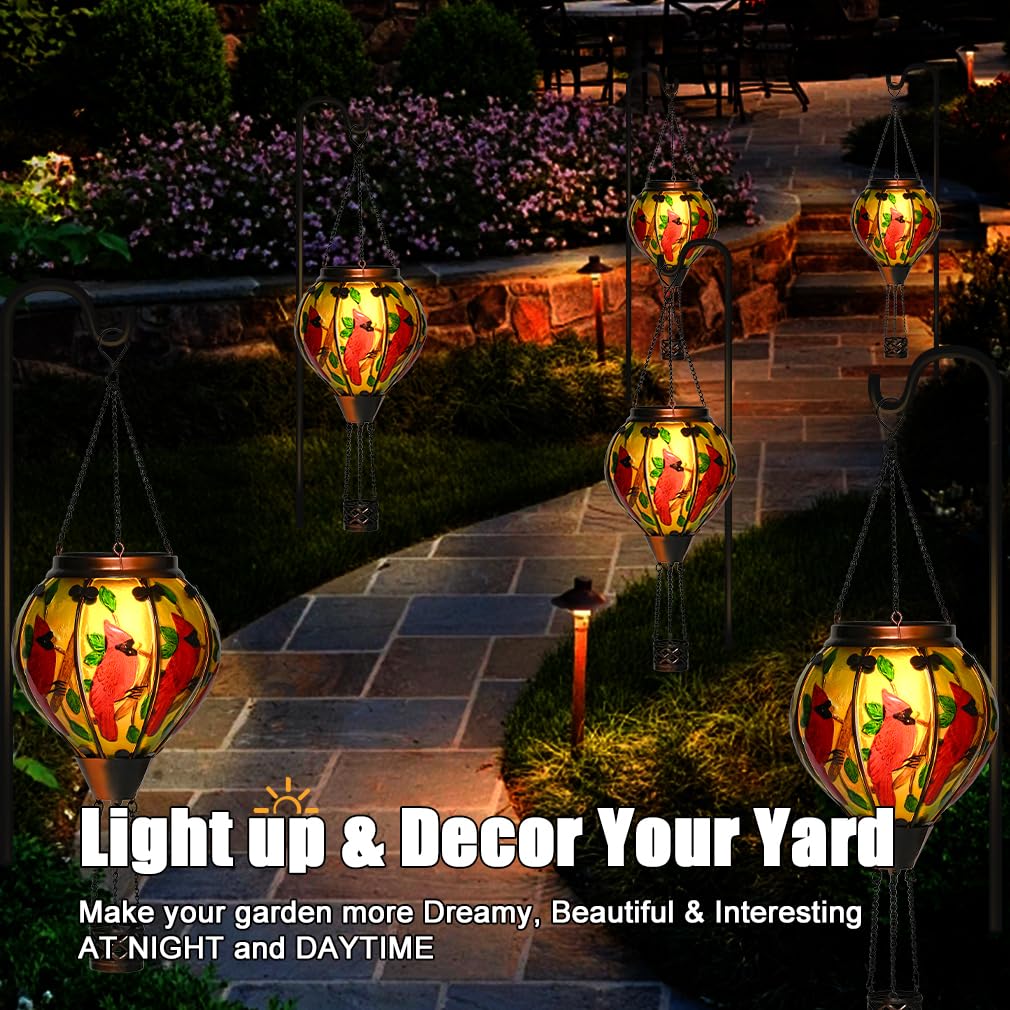 Hot Air Balloon Solar Lantern - Large Cardinal Bird Glass Lantern Simulated Flickering & Dancing Flame Big Outdoor Hanging Yard Light Waterproof Ip65 For Patio Lawn Porch Decor Gift