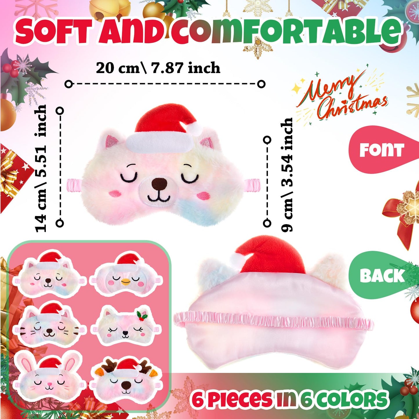 Geyoga 6 Pieces Christmas Sleeping Mask for Kids Girls Eye Mask Cute Reindeer Penguin Bear Animal Soft Plush Blindfold Eye Cover Shade for Toddler and Adult Xmas Party Gifts(Rainbow)