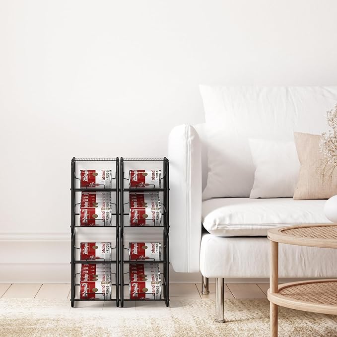 4 Pack Soda Can Organizer, Stackable Metal Can Dispenser for Pantry, Automatic Rolling Canned Food Organizer for Cabinet and Countertop, Black.