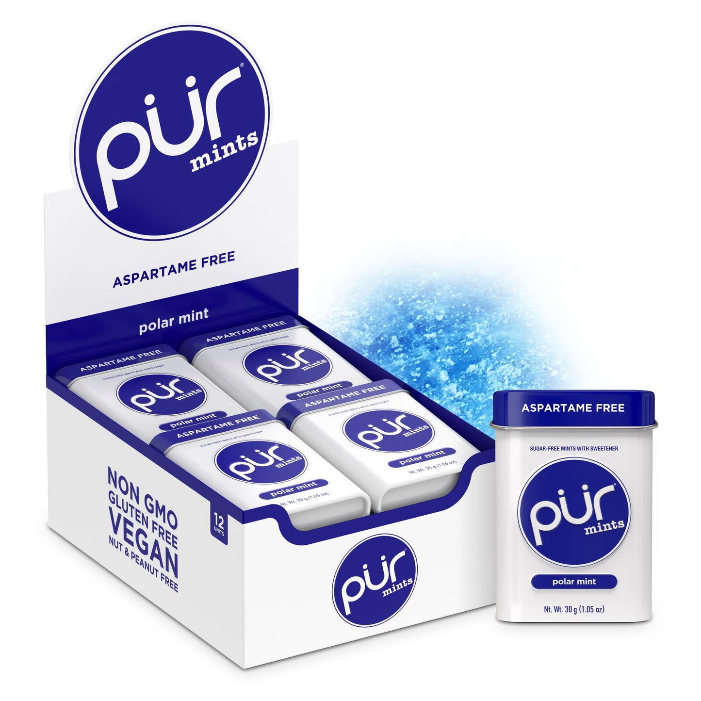 PUR Mints | Aspartame-Free | Made with Xylitol | Sugar-Free Vegan Gluten-Free & Keto Friendly | Natural Polar Mint Flavor 30 Pieces (Pack of 12)