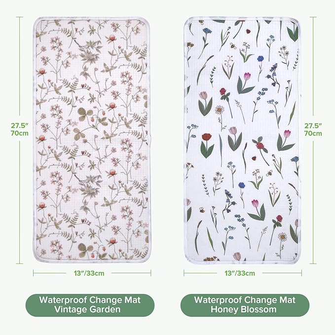 haakaa Waterproof Changing Pad Liners, 100% Cotton, Soft & Breathable (2pcs, 13" x 27.5" Honey Blossom+Vintage Garden)