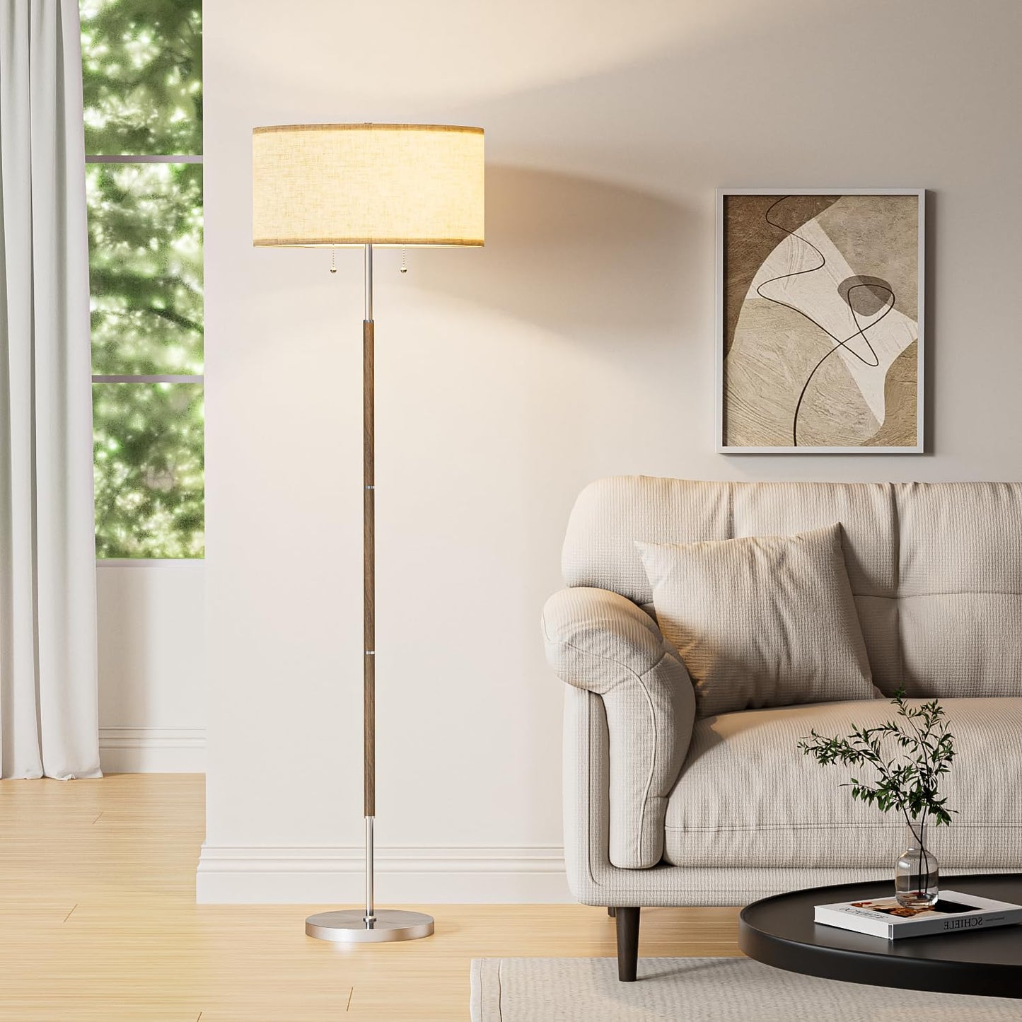 Karjoefar 2-Light Floor Lamp, Nickel Silver & Beige, Mid Century Design, 3 Color Temperatures, Model DFP03