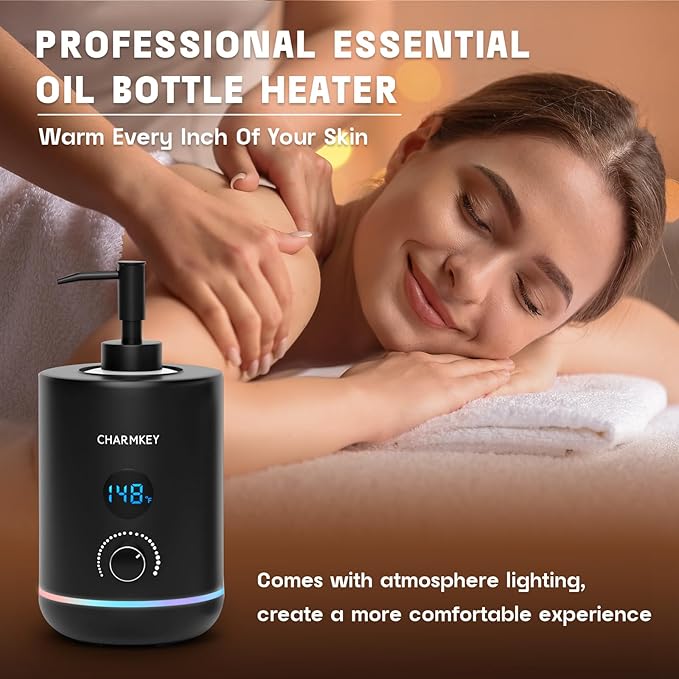 CHARMKEY Massage Oil Warmer Black, 2 Oil Bottle Dispensers & 2 Silicone Funnels, Digital Heater for SPA, Oil Lotion Cream for Salon, Barber Shops, Home