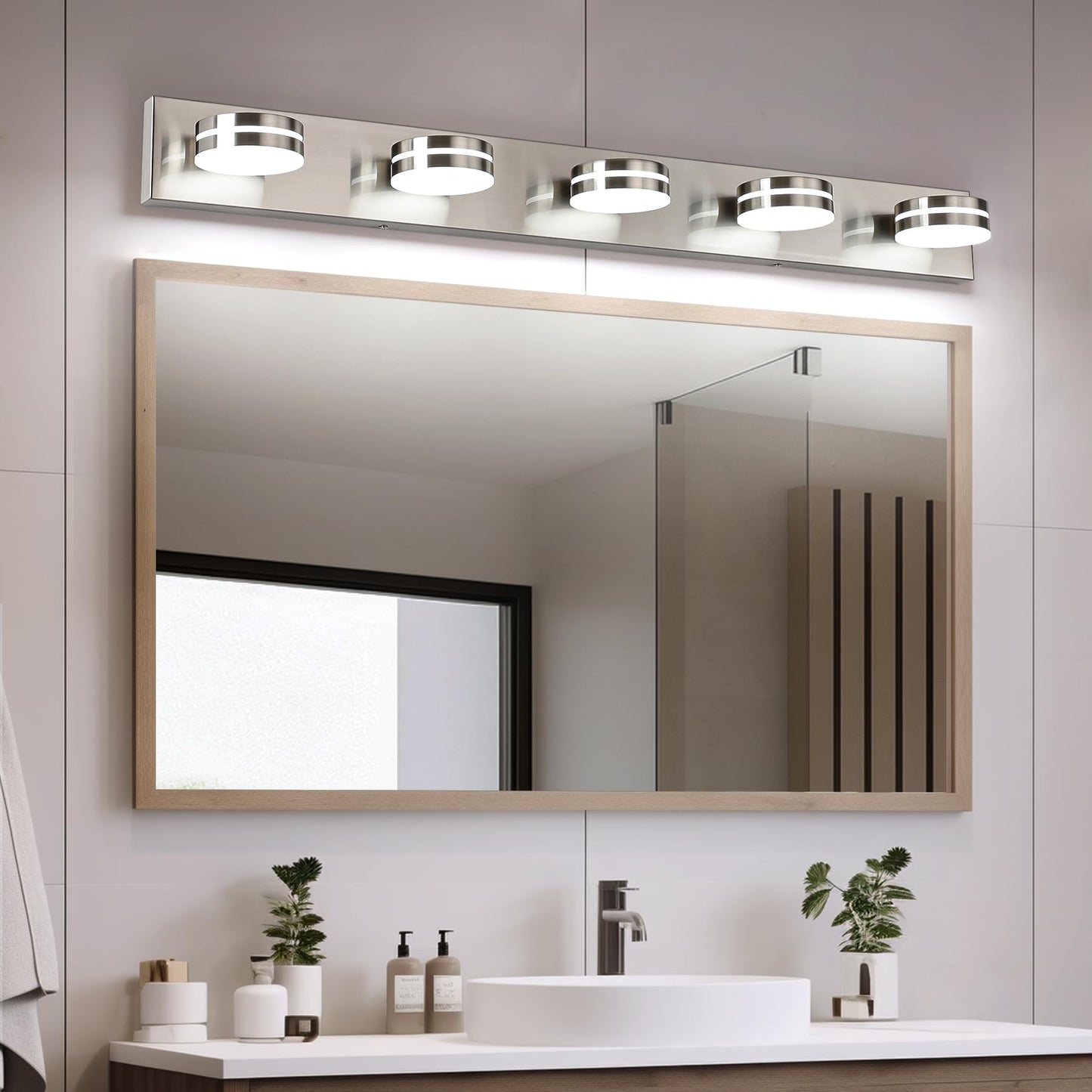 Bicrink Brushed Nickel Bathroom Light Fixtures Over Mirror, 5-Light Bathroom Vanity Light, LED Dimmable Bath Lights, Modern Dimmable Vanity Lighting with Rotating Lamp Head, 5500K