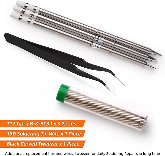 FEITA T12 Soldering Iron Station Kit Tool for Electronics, With 3 Solder Iron Tips, 1 Soldering Wire & Stand, 1 ESD Tweezer, Soldering Machine with °F-°C Conversion, Auto Sleep & Shutdown