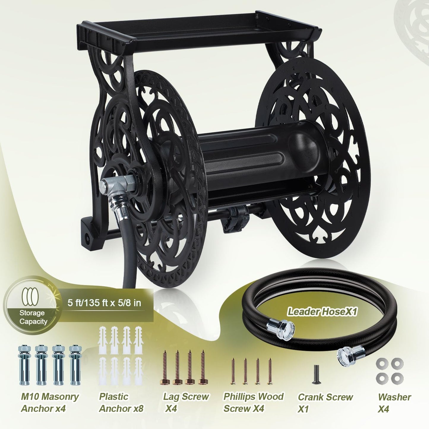 Metal Decorative Garden Hose Reel, Heavy Duty Hose Holder for Outside, Aluminum Frame, No-Leak Aluminum Water System, Easy Assmbly, Wall Mount, Holds 135 ft x 5/8" Hose Storage, Dark Bronze