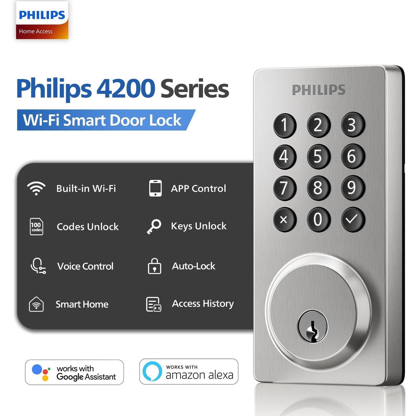 Philips Smart Lock, Smart Door Lock Built-in WiFi, App Remote Control, Keyless Entry Door Lock for Front Door, Deadbolt Lock Auto Lock, Support Alexa & Google, IP54 Waterproof, Satin Nickel