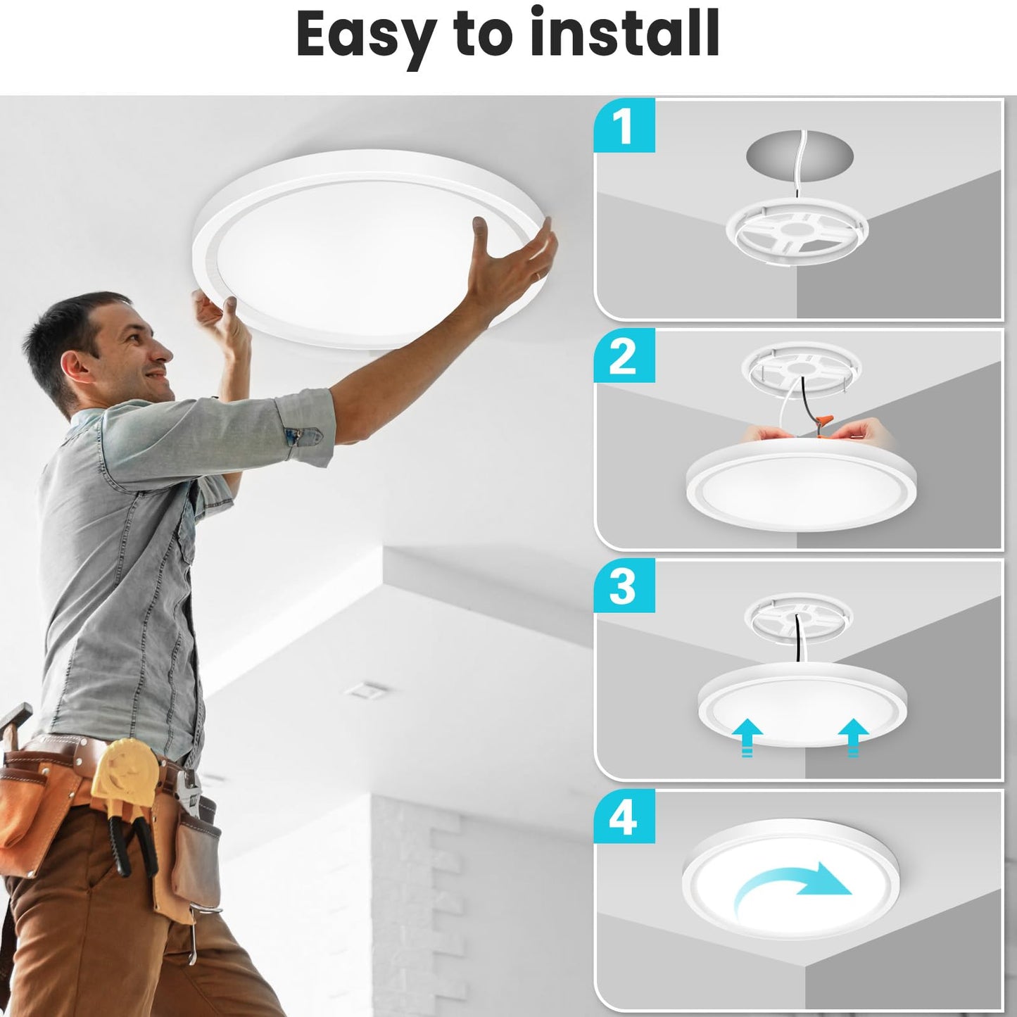 Libtit 12 Inch Flush Mount Led Ceiling Light Fixture 3000K 4000K 6500K Adjustable 28W 3200Lm White Round Lighting Fixtures For Bathroom Shower Hallway Kitchen 2 Pack
