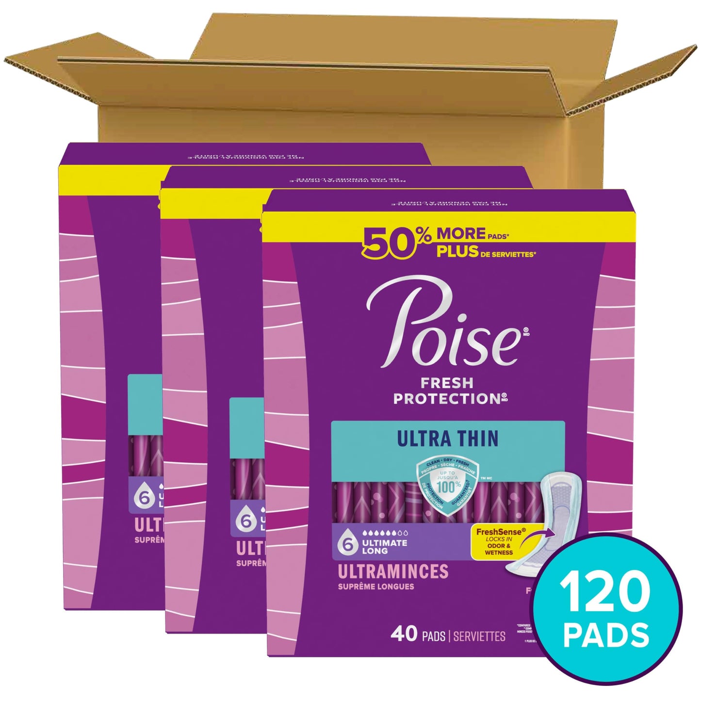 Poise Ultra Thin Incontinence Pads & Postpartum Pads for Bladder Leaks, 6 Drop Ultimate Absorbency, Long Length, 120 Count (3 Packs of 40), Packaging May Vary