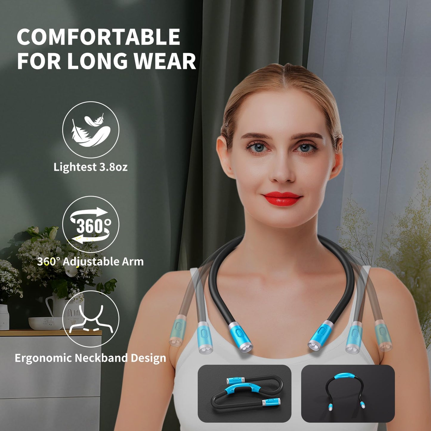 LUXJET LED Neck Lamp, Rechargeable Book Light, 4 LED Bulbs, 3 Brightness Levels, Cold White, Light Blue, Model ORF-Necklight-Blue