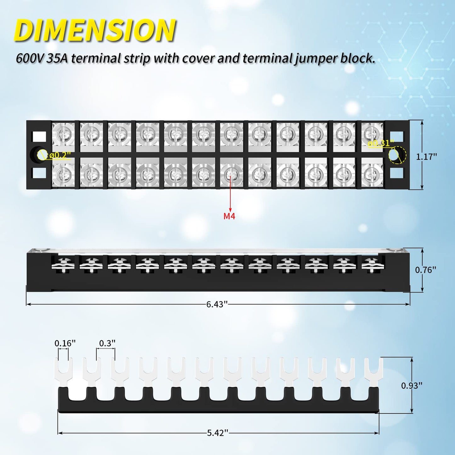 Joinfworld 35A Terminal Block 12 Position Screw Terminal Strip Dual Row with Cover and 12 Position Pre-Insulated Terminal Jumper Block - 2pcs