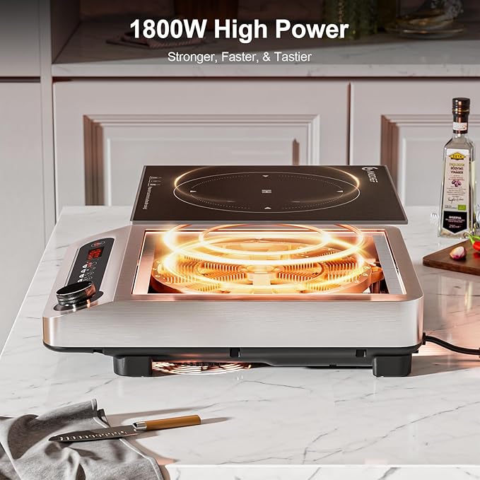 Induction Cooktop, 1800W Commercial Induction Burner, 7.3” Heating Coil Professional Countertop Stove Burner, Hot Plate 3 Hours Timer, 18 Levels Temperature & Power