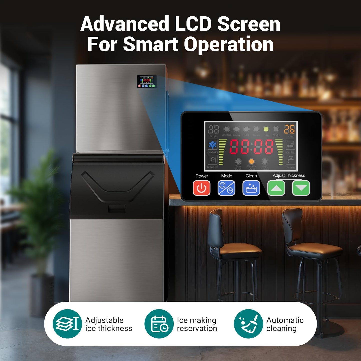 Commercial Ice Maker Machine 580LBS/24h with 450 LBS Storage Bin, Ice Ready in 8-15 Min, Self Cleaning Stainless Steel Industrial Ice Machine for Bar Restaurant Cafe