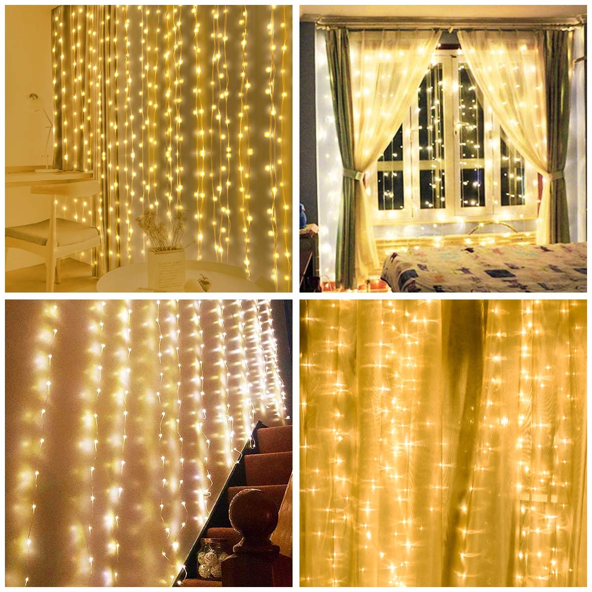 Vicloon Fairy Curtain Lights, 300 LED Warm White, 9.8x9.8Ft, Waterproof, USB & Battery Powered, Remote Control, Model 2879733