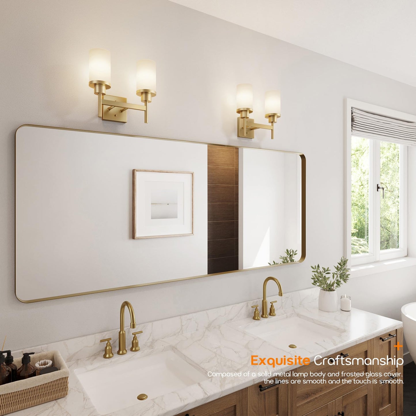 Aoneon Vanity Lighting Fixtures With White Frosted Glass Shade Double Wall Lamps For Bathroom Mirror Bedroom Living Room Washroom Porch Gold T001Gd-L2