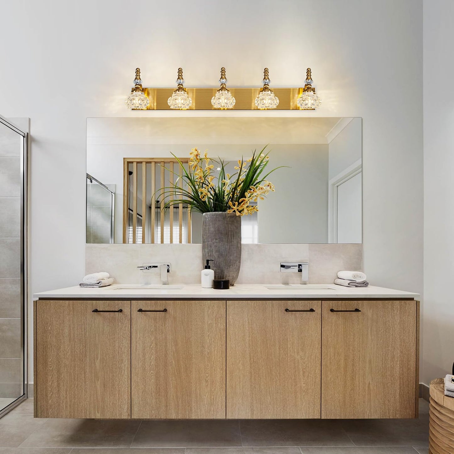 Lbsqj Modern Glass Crystal Vanity Light - Vintage Bathroom Lighting Fixtures Over Mirror 5 Light Vanity Lights G9 Bulb (35.43 Inch Gold)