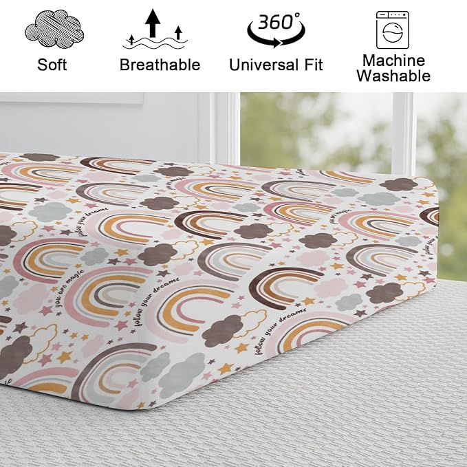 Colorful Boho Rainbow Changing Pad Covers Cute Rainbow Clouds Stars Fitted Baby Change Table Sheets for Boys Girls Soft Breathable Stretchy Changing Table Cover 32''x16''