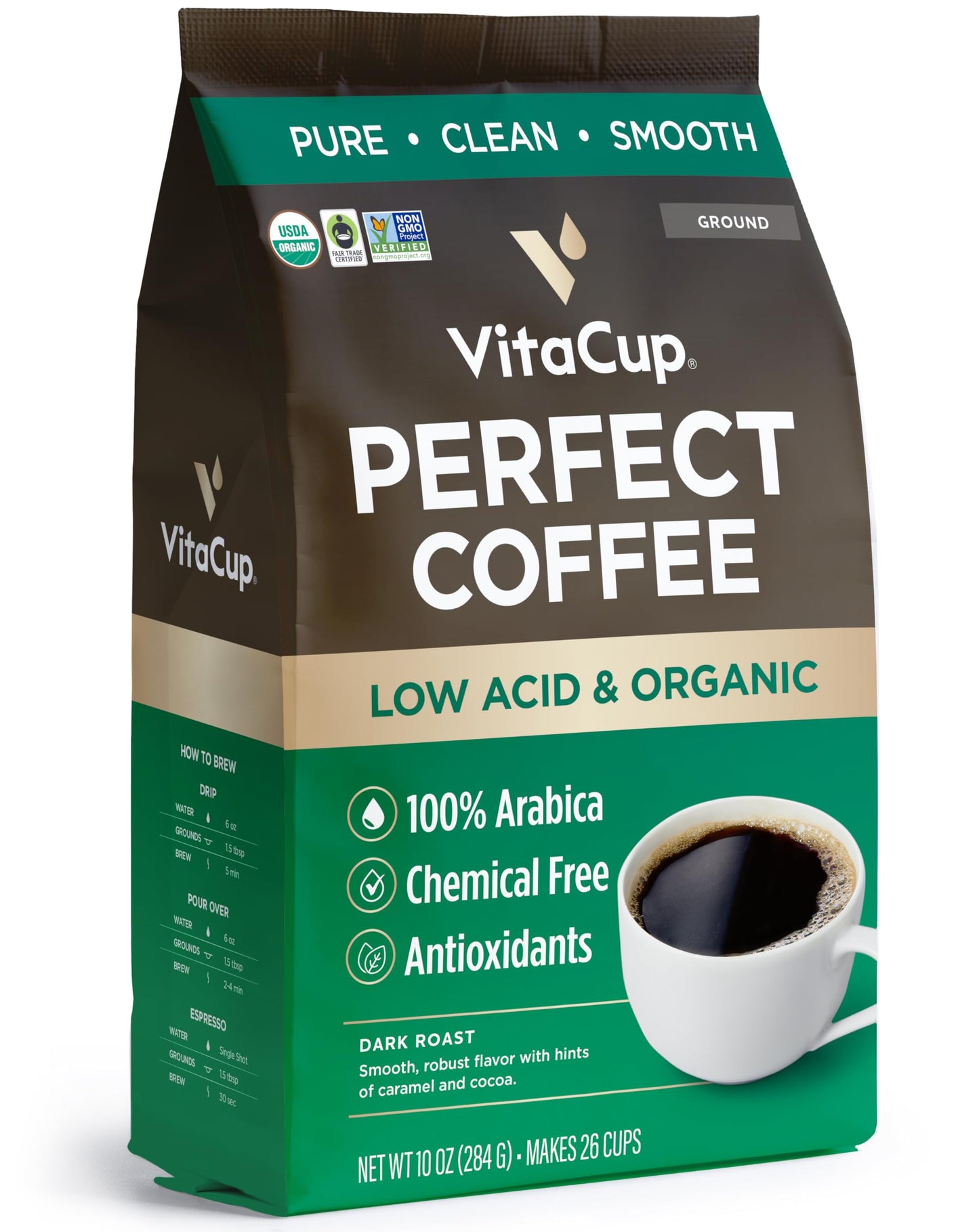 VitaCup Perfect Low Acid Coffee Ground USDA Organic & Fair Trade Mycotoxin Free Dark Roast Guatemala Single Origin Clean & Pure for Drip Coffee malt-inspired and French Press 10 ounces