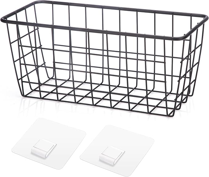 Hanging Kitchen Baskets Adhesive Sturdy Wire Storage Baskets with Kitchen Food Pantry Bathroom Shelf Storage No Drilling Wall Mounted,Black,2 Pack