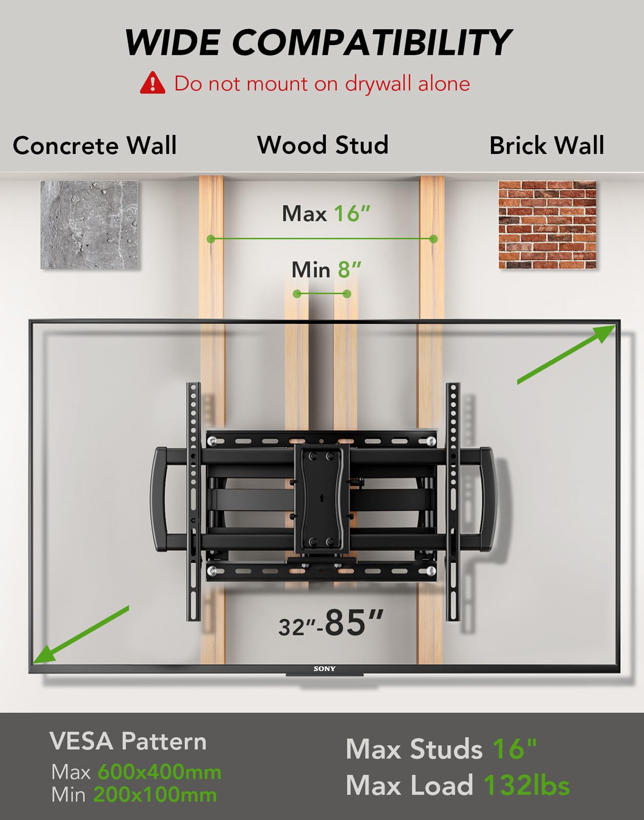 AX WABER Full Motion TV Wall Mount Bracket for Most 32-85 inch TVs,TV Mount with Dual Articulating Arms,Tilt/Swivel/Extension/Leveling,Fits 8” 12” 16" Studs,Max VESA 600x400mm, Holds up to 132lbs