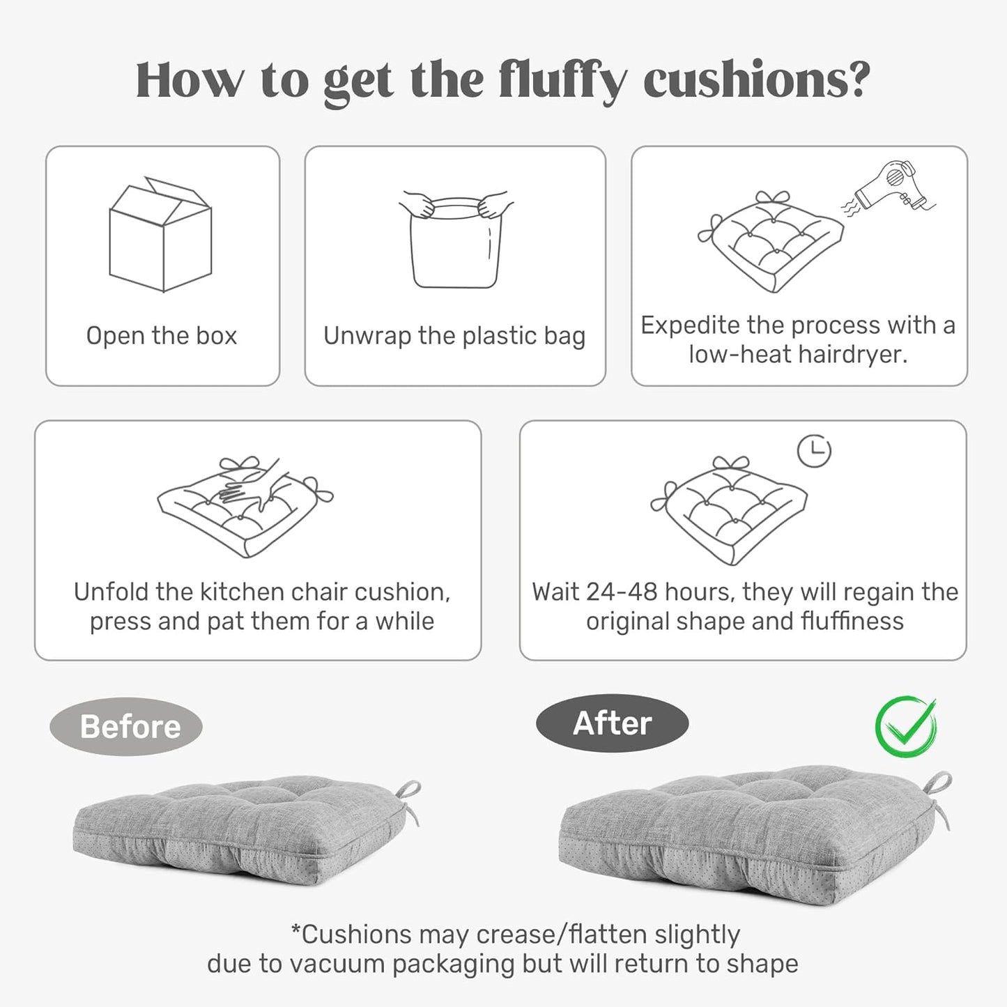 puredown® Chair Cushions for Dining Chairs, Tufted Memory Foam Chair Pads with Non-Slip Backing, Kitchen Seat Cushions with Ties, Washable Seat Pad Set of 4, 15.5" x 15.5" x 4", Dark Grey