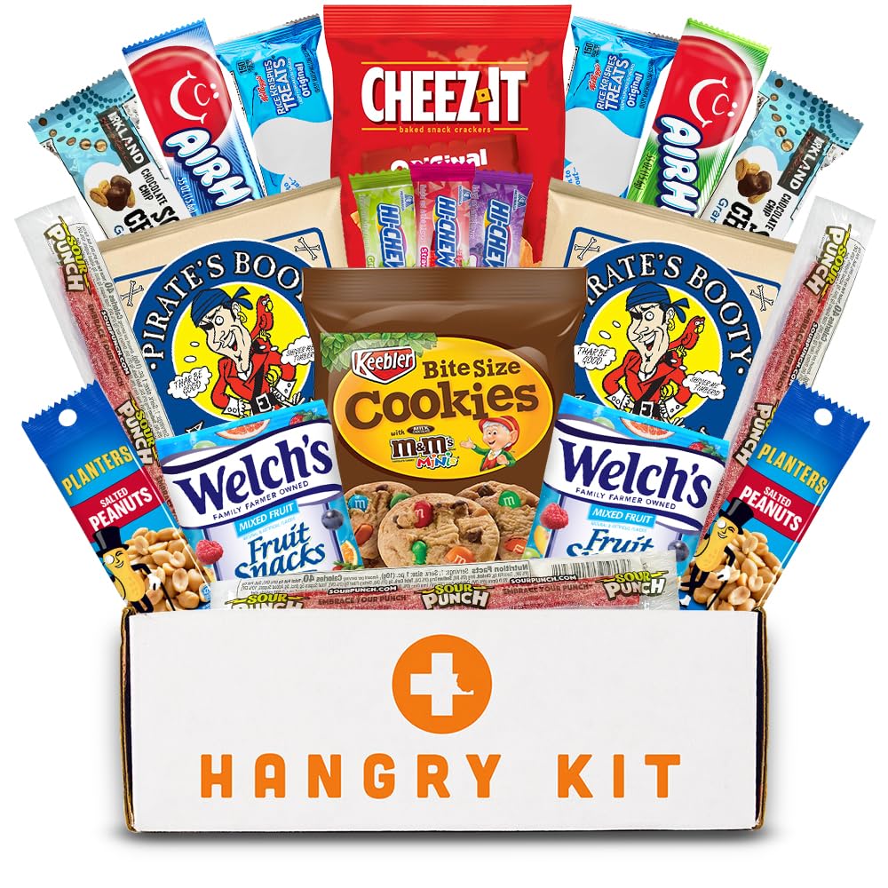 Hangry Kit Mega Care Pack (Essential Kit) - Snack Box Kit - Birthday Snack Box Gift for mature-themeds & Kids -- (20 count) Gift Basket Care Package Ideal for College Students -- Contains Birthday Snacks Cookies Chips Candy. Party Variety Gift Box.
