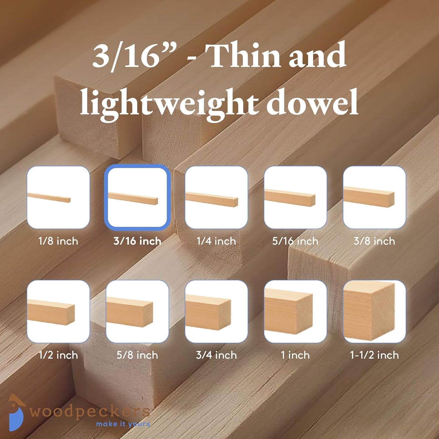 Wood Square Dowel Rods 3/16-inch x 48 Pack of 25 Wooden Craft Sticks for Crafts and Woodworking by Woodpeckers
