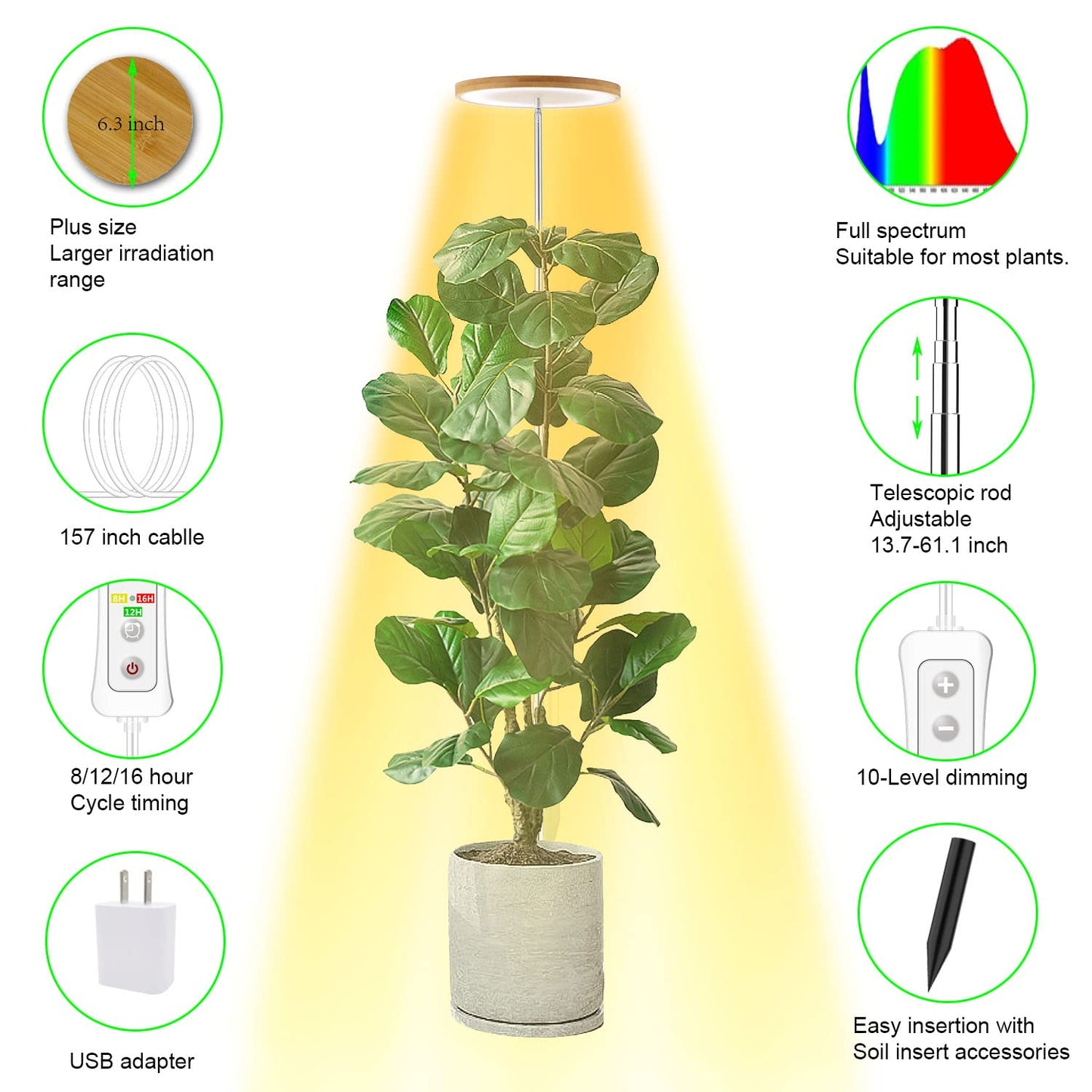 yadoker LED Grow Light Full Spectrum, Height Adjustable, 1 Pack, Bamboo, Model BAM-16