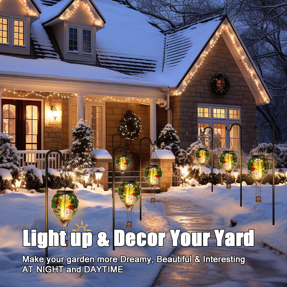 Solar Powered Hot Air Balloon Lantern - Christmas Santa Glass Lantern Simulated Flickering & Dancing Flame Outdoor Hanging Yard Light Waterproof Ip65 For Patio Lawn Porch Xmas Decor Gift